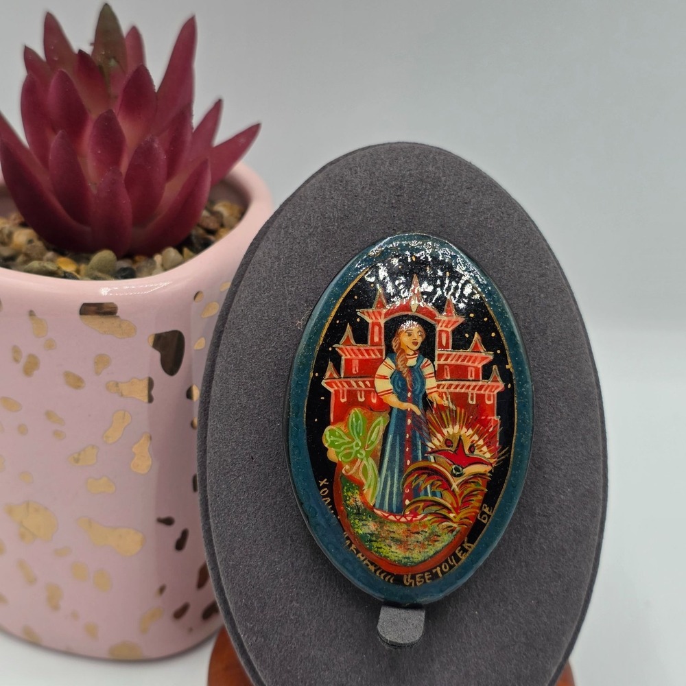 Hand-Painted Russian Lacquer Brooch Oval Folk Art Woman Castle Dragon Vintage